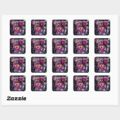 Whimsical Abstracte Bloemen Kitty Cat Zwart Roze Vierkante Sticker (Vel)