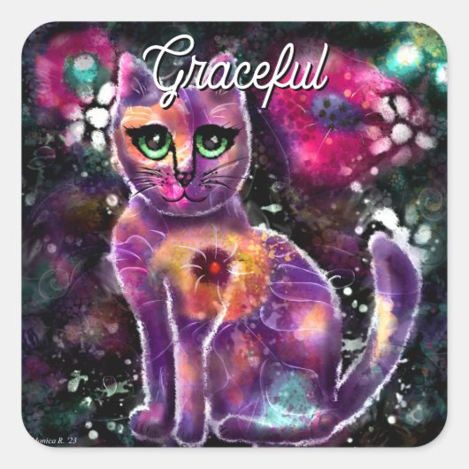 Whimsical Abstracte Bloemen Kitty Cat Zwart Roze Vierkante Sticker (Voorkant)