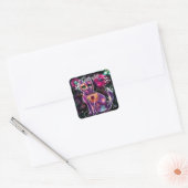 Whimsical Abstracte Bloemen Kitty Cat Zwart Roze Vierkante Sticker (Envelop)