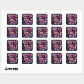 Whimsical Abstracte Bloemen Kitty Cat Zwart Roze Vierkante Sticker (Vel)