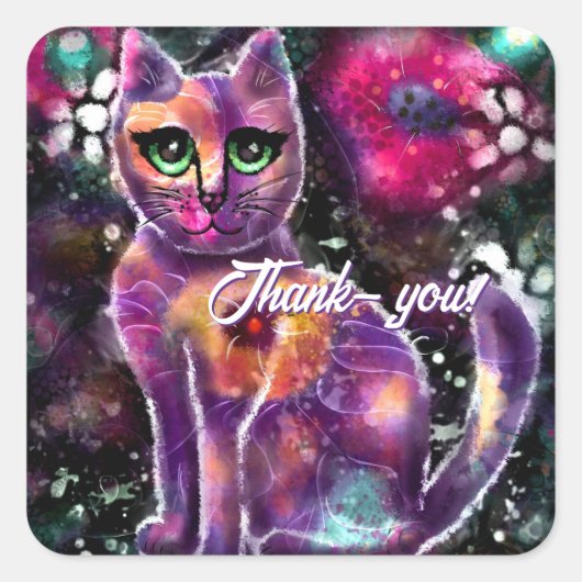Whimsical Abstracte Bloemen Kitty Cat Zwart Roze Vierkante Sticker (Voorkant)