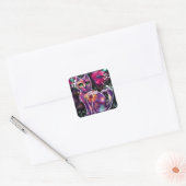 Whimsical Abstracte Bloemen Kitty Cat Zwart Roze Vierkante Sticker (Envelop)