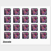 Whimsical Abstracte Bloemen Kitty Cat Zwart Roze Vierkante Sticker (Vel)