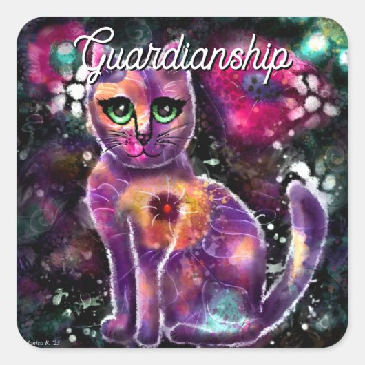 Whimsical Abstracte Bloemen Kitty Cat Zwart Roze Vierkante Sticker (Voorkant)