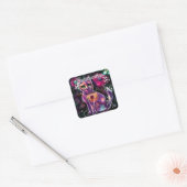 Whimsical Abstracte Bloemen Kitty Cat Zwart Roze Vierkante Sticker (Envelop)