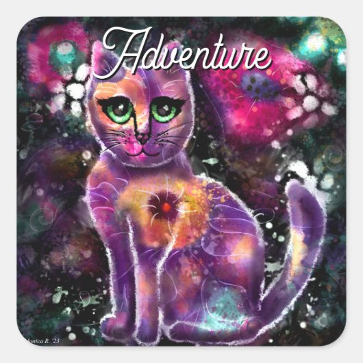 Whimsical Abstracte Bloemen Kitty Cat Zwart Roze Vierkante Sticker (Voorkant)
