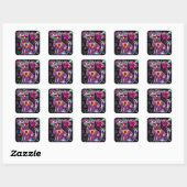 Whimsical Abstracte Bloemen Kitty Cat Zwart Roze Vierkante Sticker (Vel)
