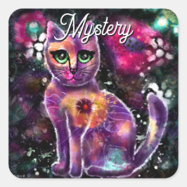Whimsical Abstracte Bloemen Kitty Cat Zwart Roze Vierkante Sticker