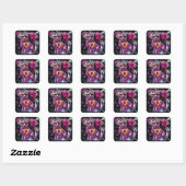 Whimsical Abstracte Bloemen Kitty Cat Zwart Roze Vierkante Sticker (Vel)