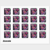 Whimsical Abstracte Bloemen Kitty Cat Zwart Roze Vierkante Sticker (Vel)