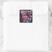 Whimsical Abstracte Bloemen Kitty Cat Zwart Roze Vierkante Sticker (Tas)