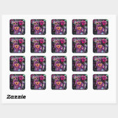Whimsical Abstracte Bloemen Kitty Cat Zwart Roze Vierkante Sticker (Vel)