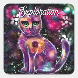 Whimsical Abstracte Bloemen Kitty Cat Zwart Roze Vierkante Sticker