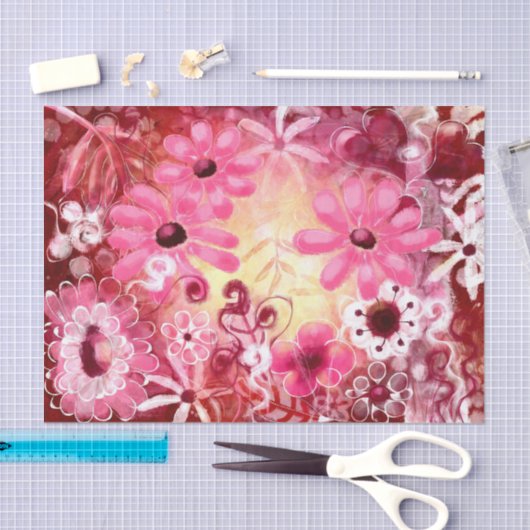 Whimsical Abstracte Bloemen Roze Rode Decoupage Tissuepapier (Craft)