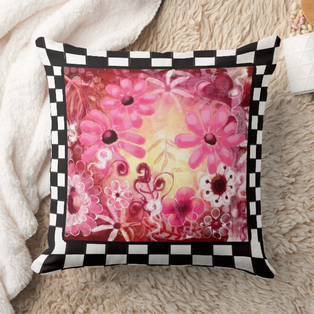 Whimsical Abstracte Bloemen Roze Rood Check Rand Kussen (Deken)