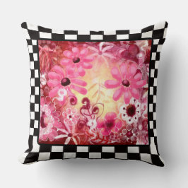 Whimsical Abstracte Bloemen Roze Rood Check Rand Kussen