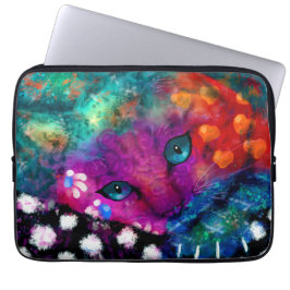 Whimsical Abstracte Dromerige Kitty Cat Blauwgroen Laptop Sleeve