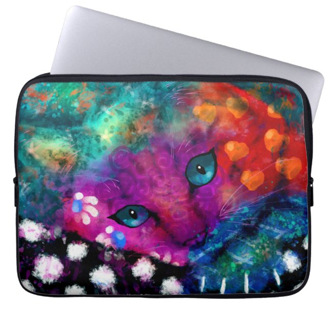 Whimsical Abstracte Dromerige Kitty Cat Blauwgroen Laptop Sleeve (Voorkant)