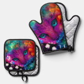 Whimsical Abstracte Dromerige Kitty Cat Blauwgroen Ovenwant & Pannenlap Set (Voorkant / Achterkant)