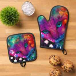 Whimsical Abstracte Dromerige Kitty Cat Blauwgroen Ovenwant & Pannenlap Set
