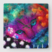 Whimsical Abstracte Dromerige Kitty Cat Blauwgroen Vierkante Klok (Voorkant)