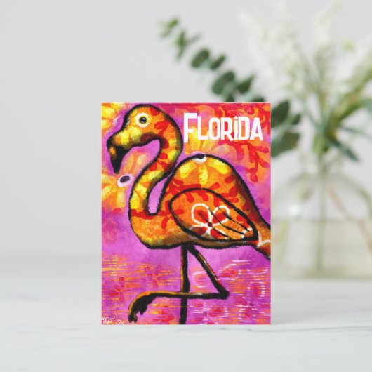 Whimsical Abstracte Flamingo Roze Sinaasappel Bloe Briefkaart (Staand voorkant)