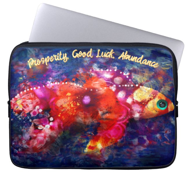 Whimsical Abstracte goudvis Paarse Sinaasappel Roz Laptop Sleeve (Voorkant)