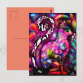 Whimsical Abstracte Kitty Cat Bloemen Rood Groen R Briefkaart (Voorkant / Achterkant)