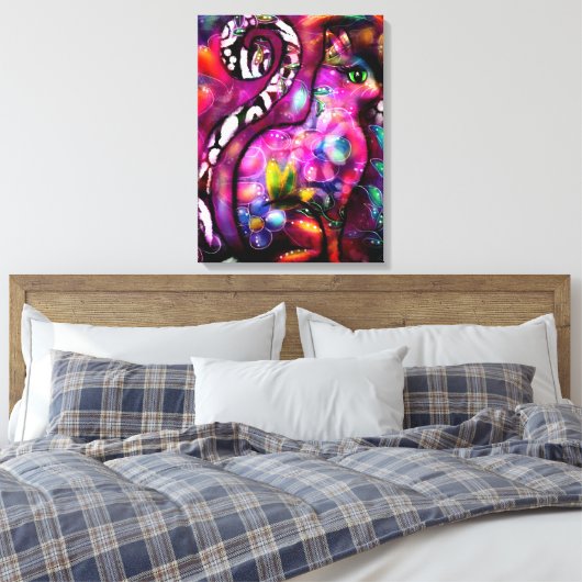 Whimsical Abstracte Kitty Cat Bloemen Rood Groen R Canvas Afdruk (Insitu (Slaapkamer))