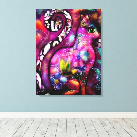 Whimsical Abstracte Kitty Cat Bloemen Rood Groen R Canvas Afdruk (Insitu (Houten vloer))