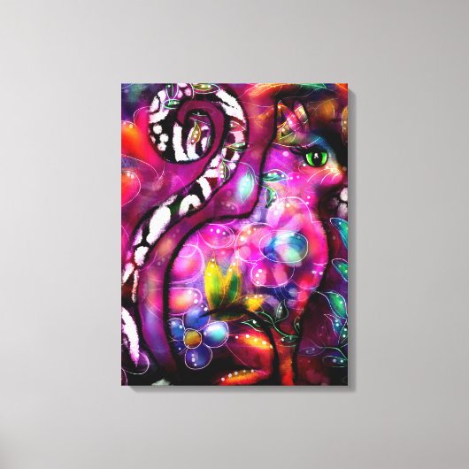 Whimsical Abstracte Kitty Cat Bloemen Rood Groen R Canvas Afdruk (Voorkant)