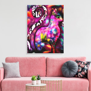 Whimsical Abstracte Kitty Cat Bloemen Rood Groen R Canvas Afdruk