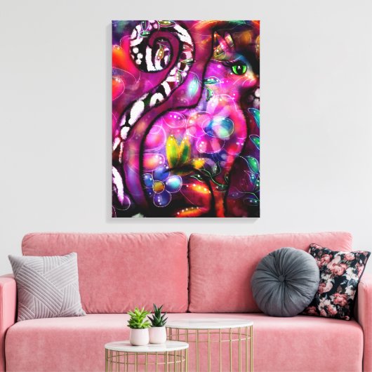 Whimsical Abstracte Kitty Cat Bloemen Rood Groen R Canvas Afdruk (Insitu (Woonkamer))