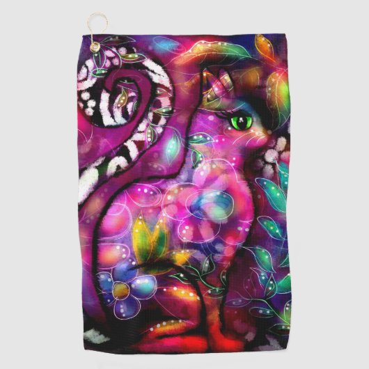 Whimsical Abstracte Kitty Cat Bloemen Rood Groen R Golfhanddoek (Voorkant)