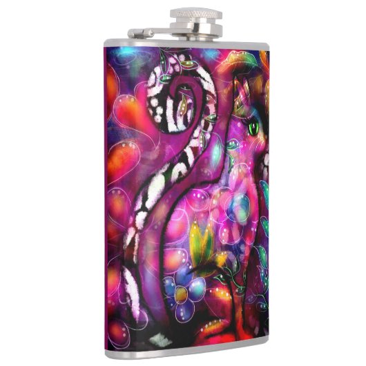 Whimsical Abstracte Kitty Cat Bloemen Rood Groen R Heupfles (Rechts)