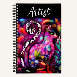 Whimsical Abstracte Kitty Cat Bloemen Rood Groen R Notitieboek