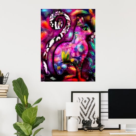 Whimsical Abstracte Kitty Cat Bloemen Rood Groen R Poster (Thuiskantoor)