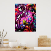 Whimsical Abstracte Kitty Cat Bloemen Rood Groen R Poster (Keuken)