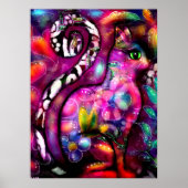 Whimsical Abstracte Kitty Cat Bloemen Rood Groen R Poster (Voorkant)