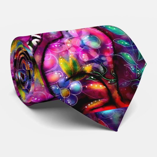 Whimsical Abstracte Kitty Cat Bloemen Rood Groen R Stropdas (Opgerold)