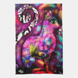 Whimsical Abstracte Kitty Cat Bloemen Rood Groen R Theedoek