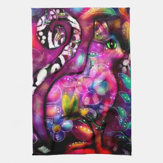 Whimsical Abstracte Kitty Cat Bloemen Rood Groen R Theedoek (Verticaal)