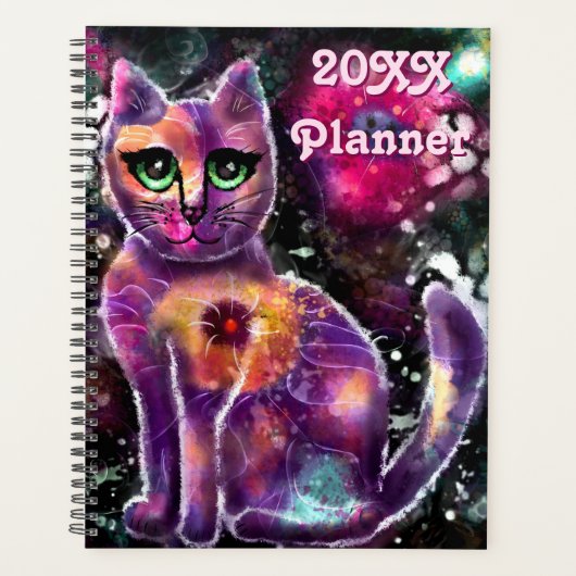 Whimsical Abstracte Kitty Cat Bloemen Roze Zwart Planner (Voorkant)