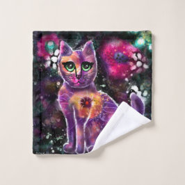 Whimsical Abstracte Kitty Cat Bloemen Roze Zwart Washandje