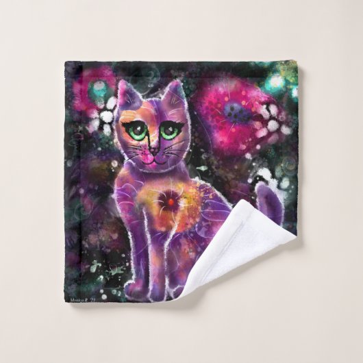 Whimsical Abstracte Kitty Cat Bloemen Roze Zwart Washandje (Wasdoekje)
