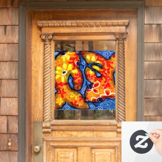 Whimsical Abstracte Koi Goudvis Sinaasappel Blauwe Raamsticker (Huis Deur)