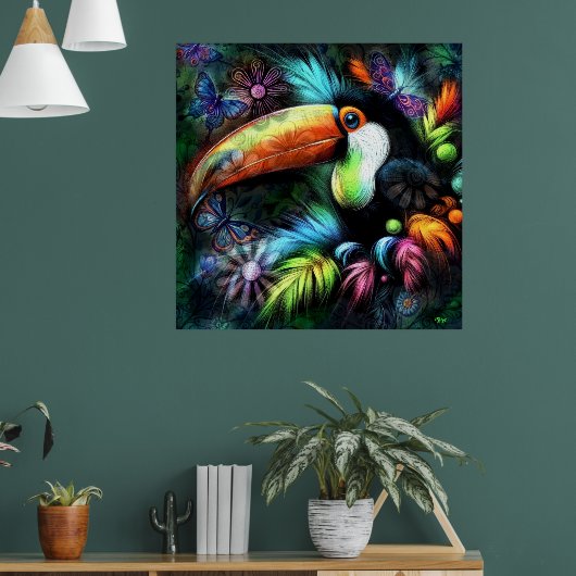 Whimsical Abstracte Toucan Bird Toucans Blauwgroen Poster (Woonkamer 1)
