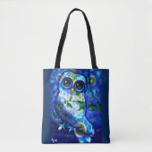 Whimsical Abstracte Uil Blauw Groene Bloemen Bloem Tote Bag (Voorkant)