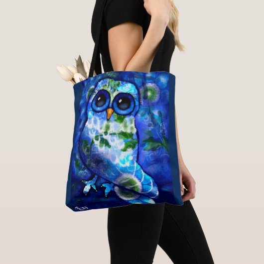 Whimsical Abstracte Uil Blauw Groene Bloemen Bloem Tote Bag (Dichtbij)