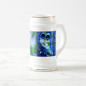 Whimsical Abstracte Uil Bloemen Blauw Groen Bierpul (Voorkant rechts)